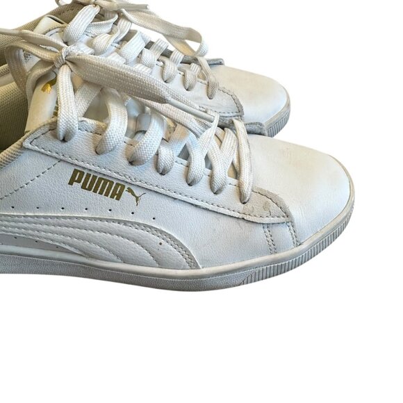 Puma Vikky Leather Sneaker White Gold Logo Lace-Up Tennis Shoes Size 8 Women's - Picture 4 of 13